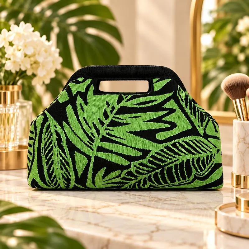 Women’s Green Leaf Cosmetic Bag, Large Capacity Makeup Organizer with Cutout Handle, Knitted Jacquard Travel Toiletry Pouch for Makeup, Skincare, Brushes and Daily Essentials, Portable Beauty Storage Bag for Women, Vacation and Home