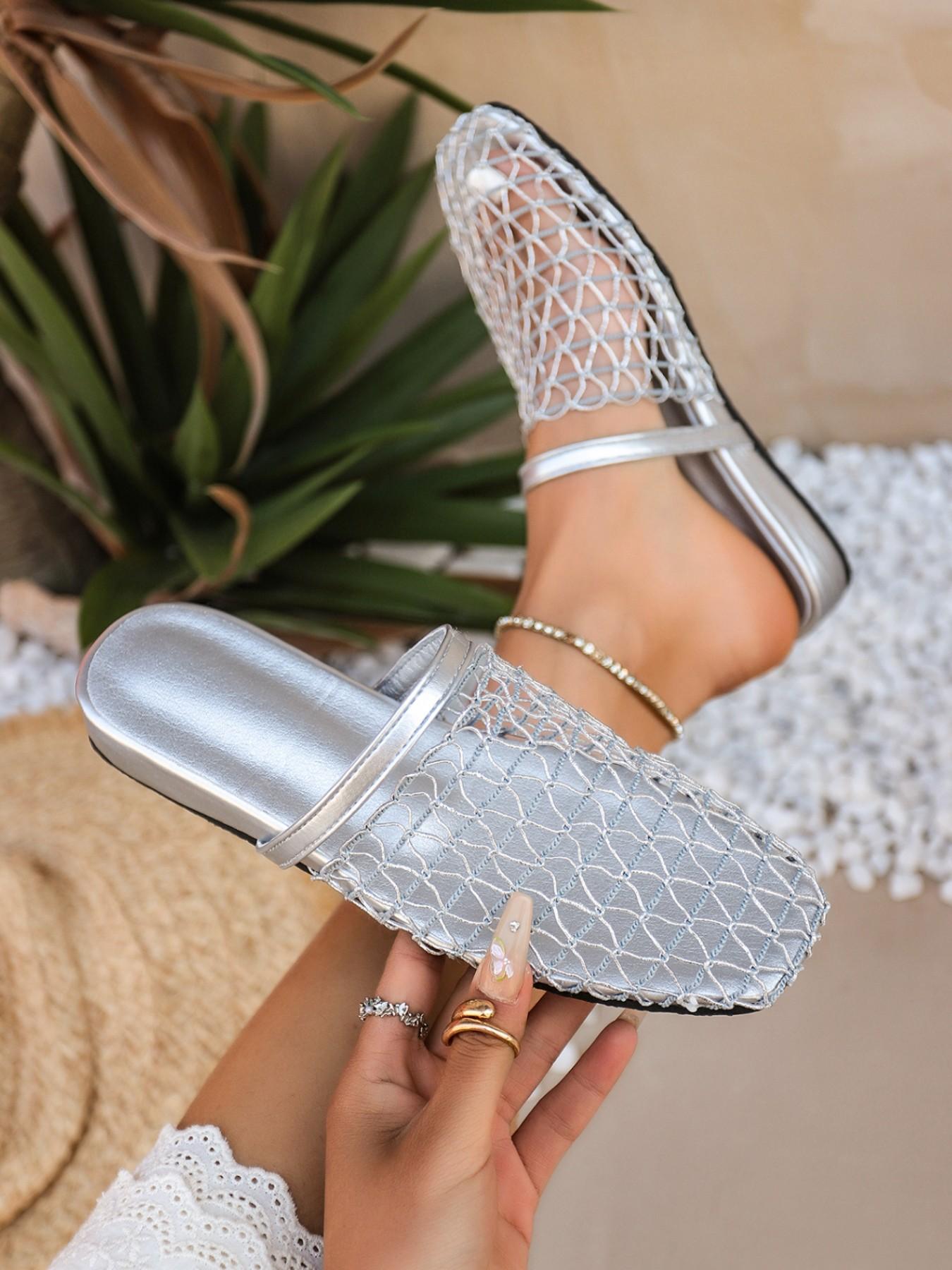 New European and American style bottom strap fishing net flat sandals, Roman shoes new hollowed out comfortable beach sandals, fashionable thick soled half slippers for women Unique Sandals