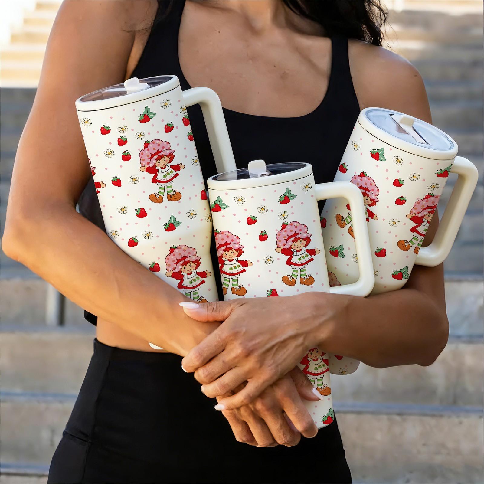 1 Pc 40oz Insulated Mug with Straw Lid and Handle, Cute Strawberry Girl Cartoon Pattern Tumbler, Double Wall Vacuum Thermal Mug for Hot Cold Drinks, Keeps Hot 12 Hours Cold 24 Hours, Large Capacity Leak Proof Design, Gift for Women Girls Holiday