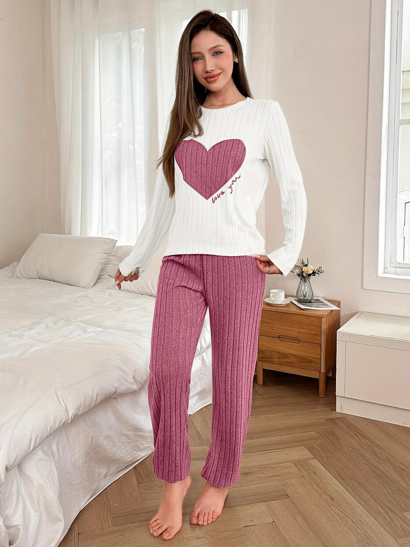 Women's Heart Round Neck Long Sleeve Fitted Pajama Set, Comfortable Warm Home Wear, Casual Two-Piece Sleepwear for Ladies