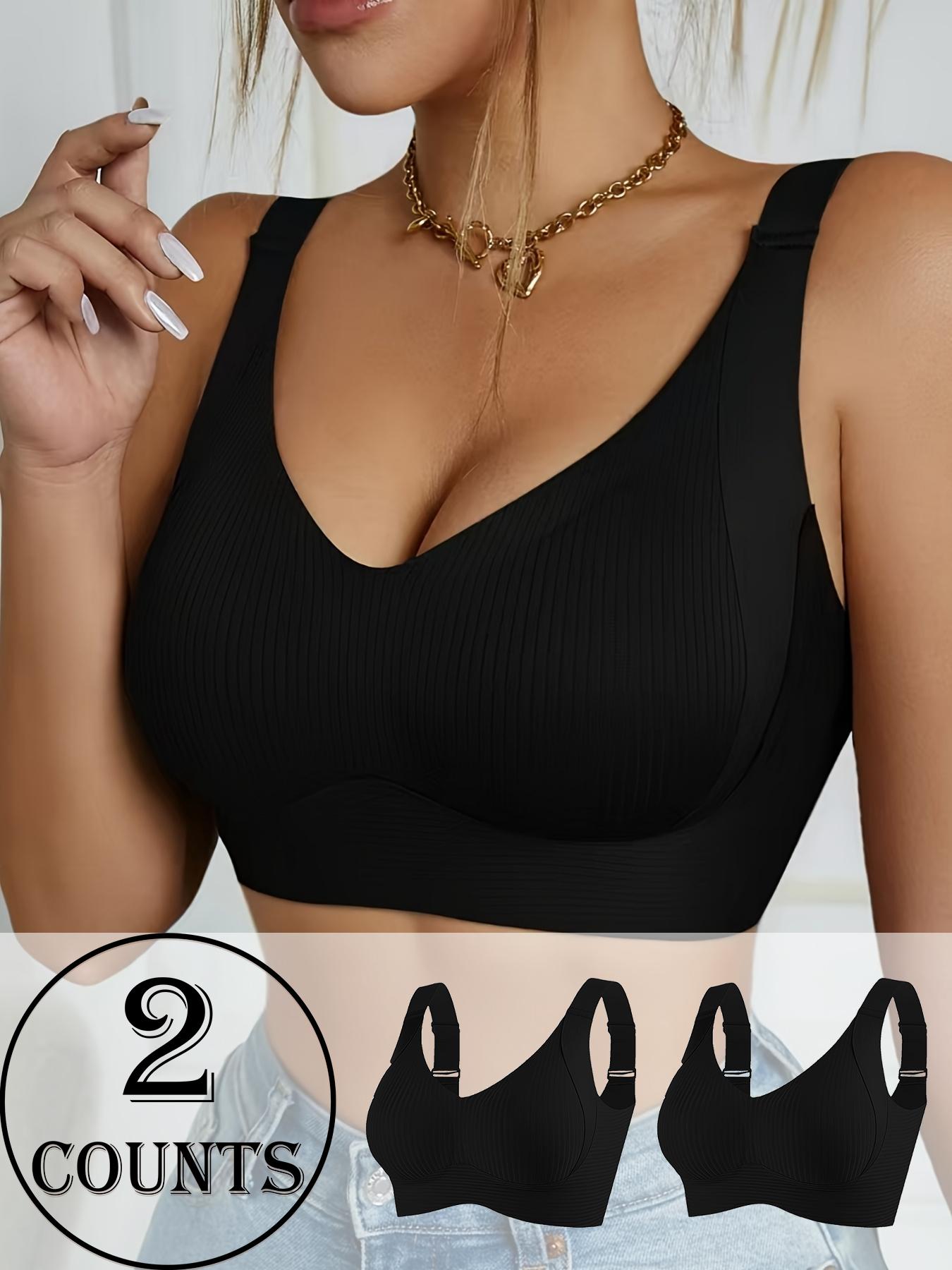 Women's Seamless Wireless Bra, Adjustable Wide Shoulder Straps, Comfortable Breathable Daily Wear, Ribbed Stripe Design