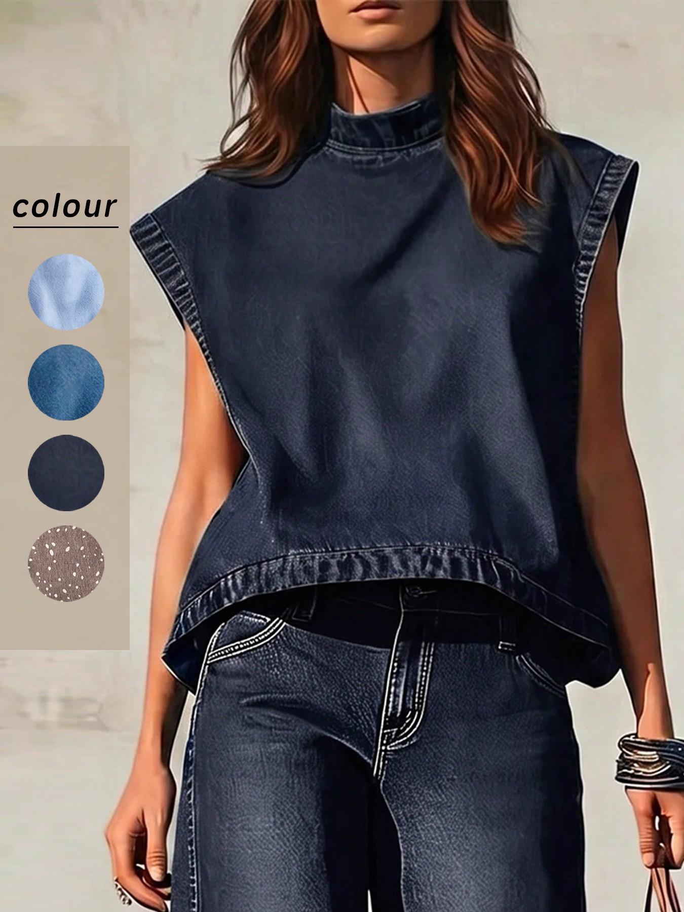 Women's Stand Collar Sleeveless Loose Fit Denim Top, Perfect for Summer Daily Wear, Casual Fashion Shirt