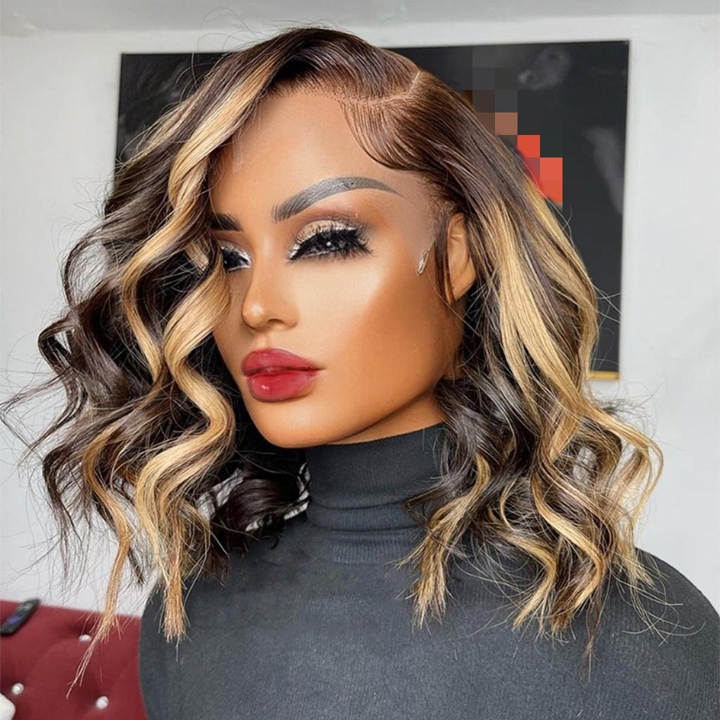 Highlight Bob Wig Human Hair 13x4 HD Lace Front Wigs Human Hair Pre Plucked Hairline Frontal Glueless Short Body Wave Bob Wigs for Black Women Human Hair Ombre Brown Honey Blonde P4/27 Loose Wave SpringStatements