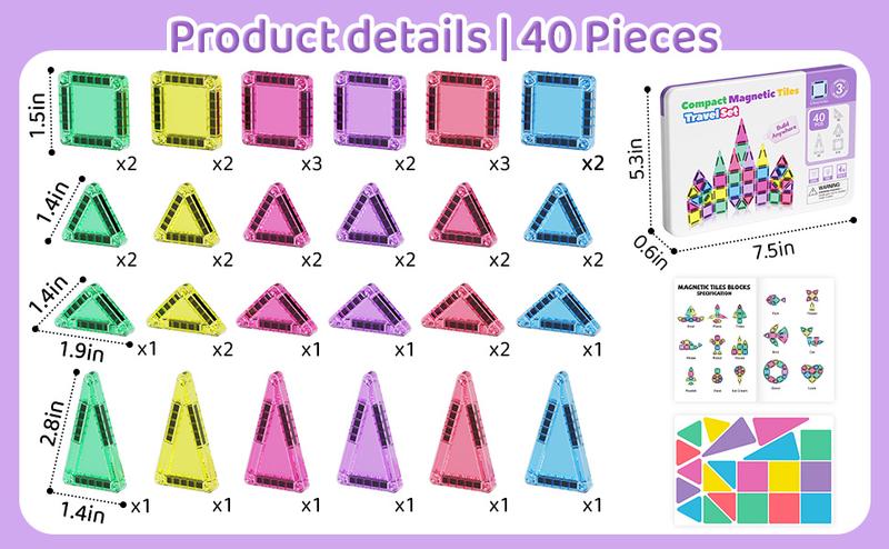 Hotfree Mini Magnetic Tiles Building Blocks 40PCS - Montessori Educational Magnet Travel Construction Set with Iron Storage Box, Airplane Activities Toys, Toddler Birthday Gift for Boys & Girls Ages 3-8