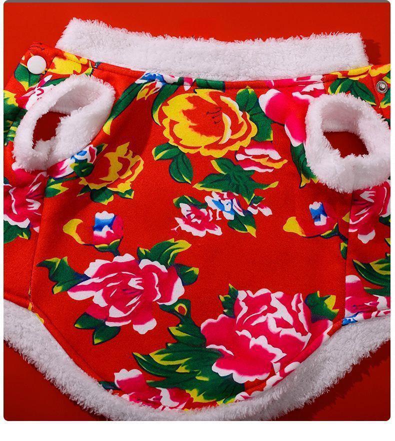 Warm Cat Clothes Festive Floral Cotton Coat Winter New Year Outfit for Kittens Pet Dog Tang Suit