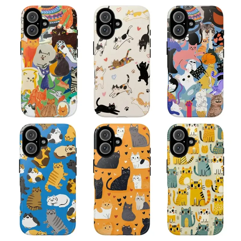 Cute Multi-Cartoon Cat Phone Case for iPhone 1-17 Series, Hard PC Shockproof Protective Cover, Colorful Kitty Art Aesthetic Design, Cat Lover Gift, Mobile Phone Accessories, Cute Accessories, Iphone Series