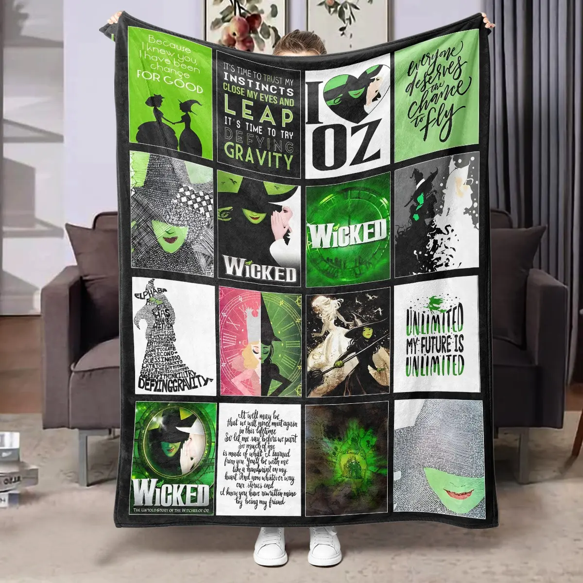 1pc WICKED Musical Collage Flannel Blanket, Printed with Elphaba, Glinda and classic musical quote collage graphics. Soft warm nap throw, great for sofa, bed, office, shawl, camping, ideal for Halloween and Christmas gifts.