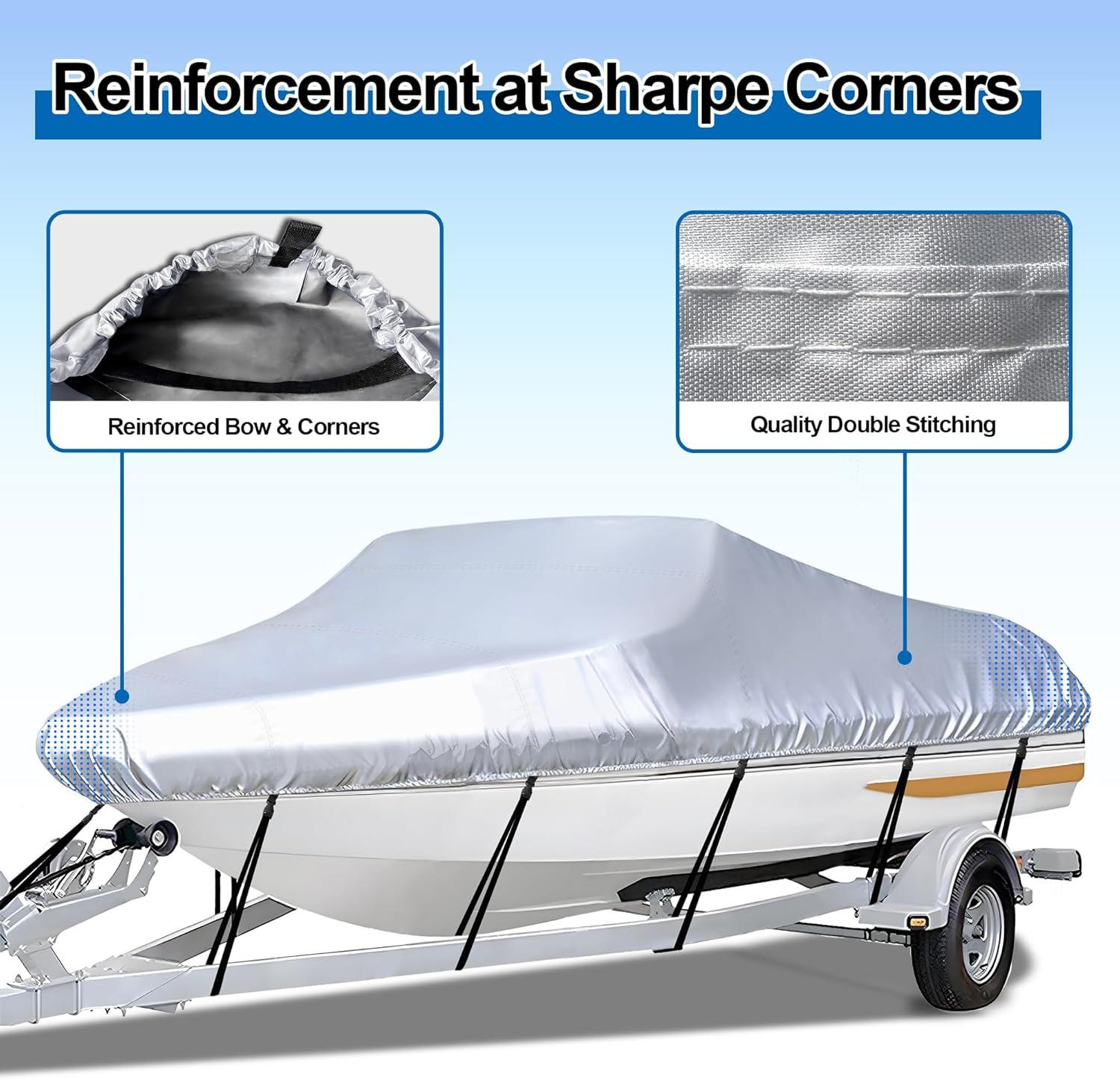 Trailerable PVC Coated Boat Cover - 16'-18.5' Heavy Duty Waterproof Tarp with Storage Bag, Fits V-Hull, Fish&Ski, Runabout (Up to 18.5ft L x 94in W), UV Resistant for Mooring, Trailering, Boat Storage, Pvc Coating