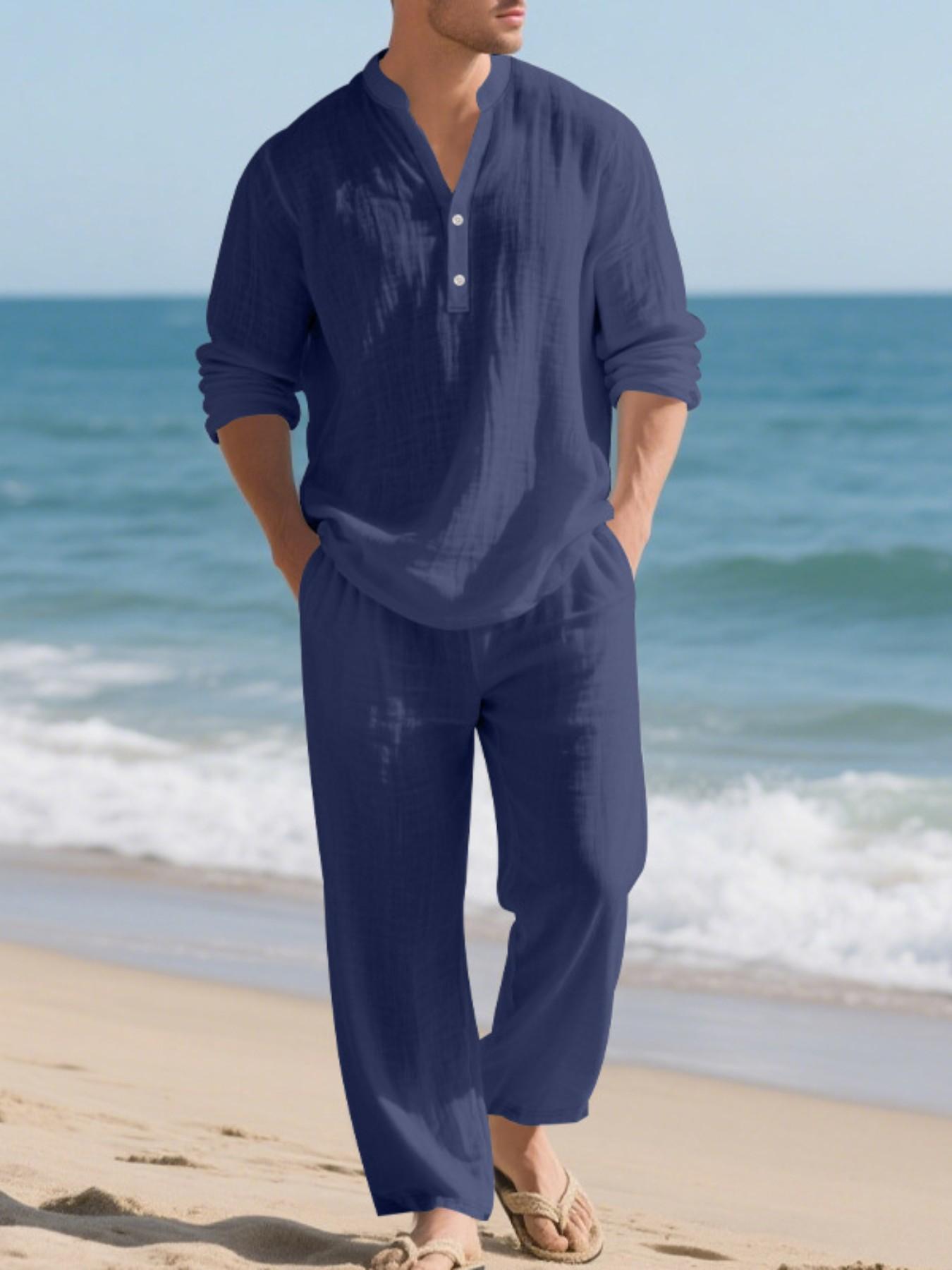 Men's Casual Linen Outfit, Loose-fit Henley Neck Long Sleeve Shirt and Pants, Comfortable and Fashionable Co-ord Set for Tropical Summer, Suitable for Beach, Vacations and Daily Wear Top