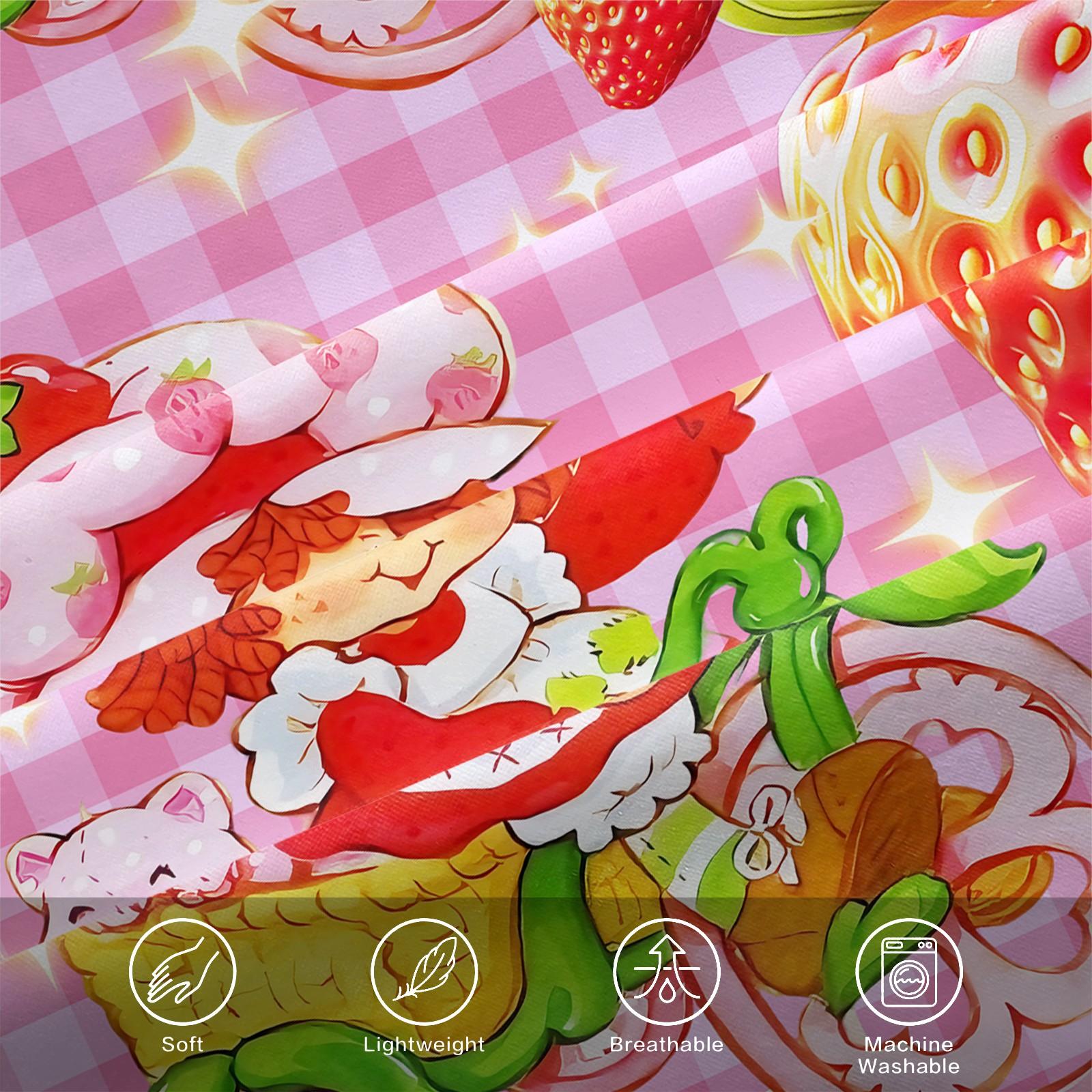Strawberry Shortcake Gingham Fitted Sheet Set, 1 Fitted Sheet + 2 Pillowcases - 3 Pcs Soft Breathable Bedding with Deep Pocket, 360° All-Round Wrap, Wrinkle Resistant, Cute Strawberry Cartoon Bed Sheets for Girls Bedroom Decor, Full Size