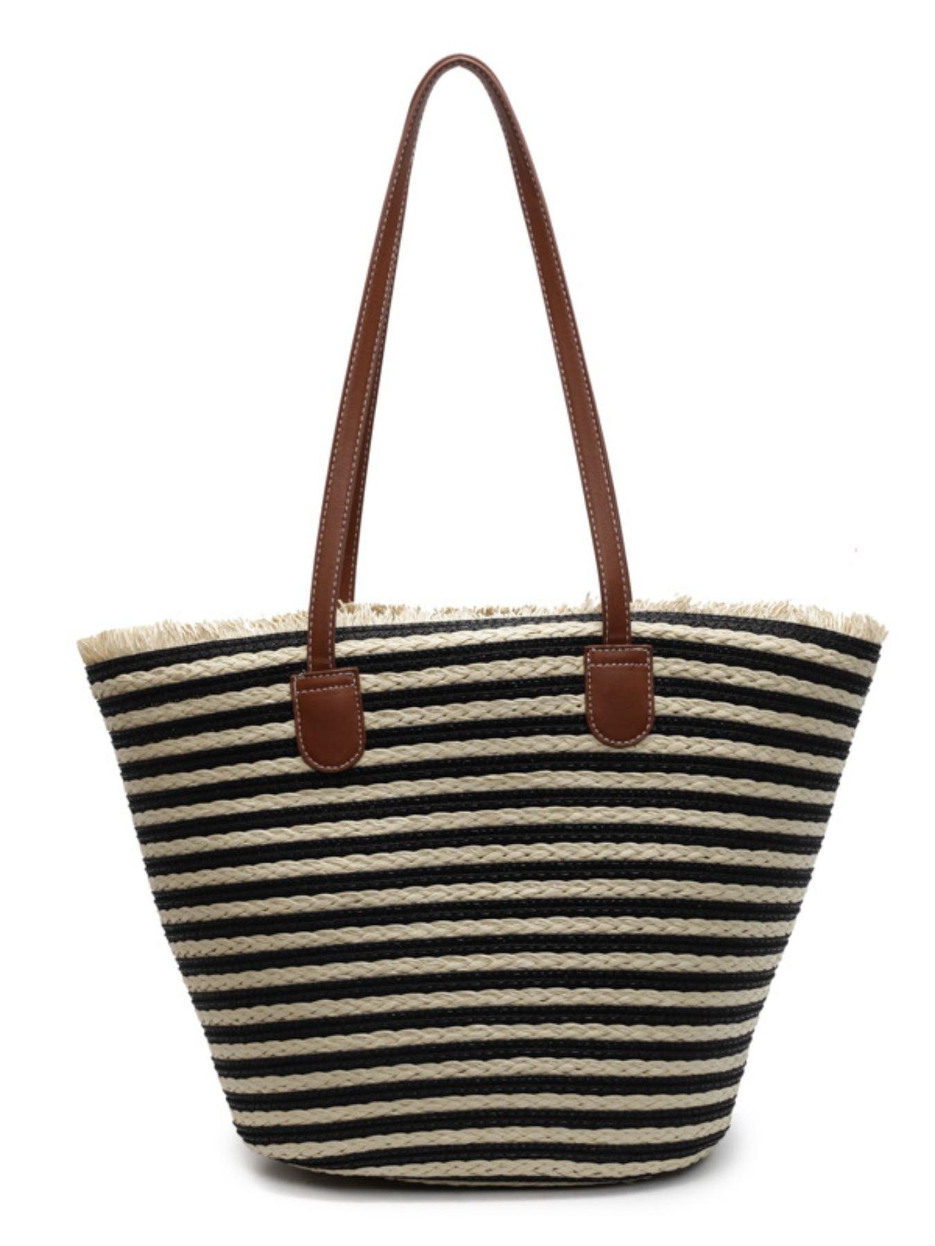 2026 New Casual Simple Large Capacity Bag, Beach Vacation Straw Basket Bag, Striped Shoulder Tote Bag, Elegant Style