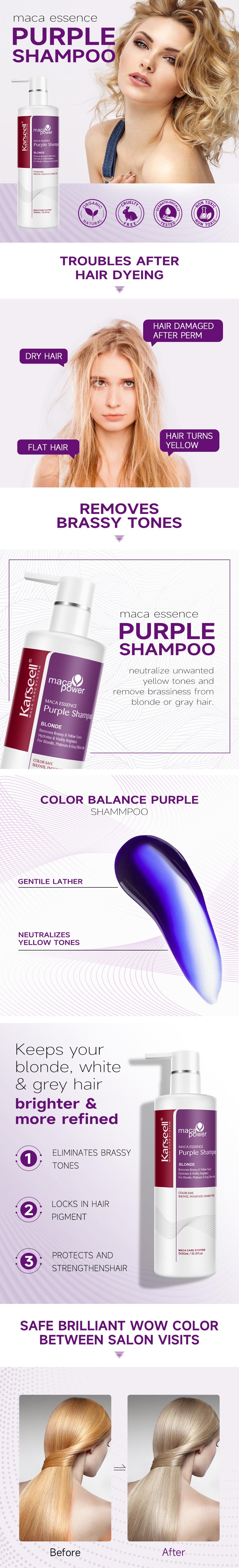 Karseell maca power purple shampoo professionally neutralizes brassy and yellow tones for blonde silver grey highlights 16.90 oz 500 ml