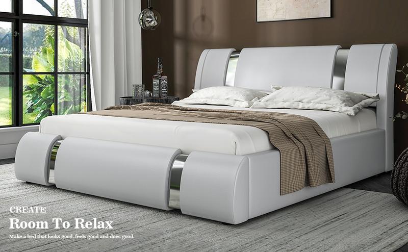 Allewie Queen/king Size Platform Bed Frame with Iron Piece Decor, 【Frame Only No Mattress】Faux Leather Upholstered Bed with Curved Adjustable Headboard, Wooden Slats Support, No Box Spring Needed, Modern Style, White/Black,#TikTokShopBacktoSchool