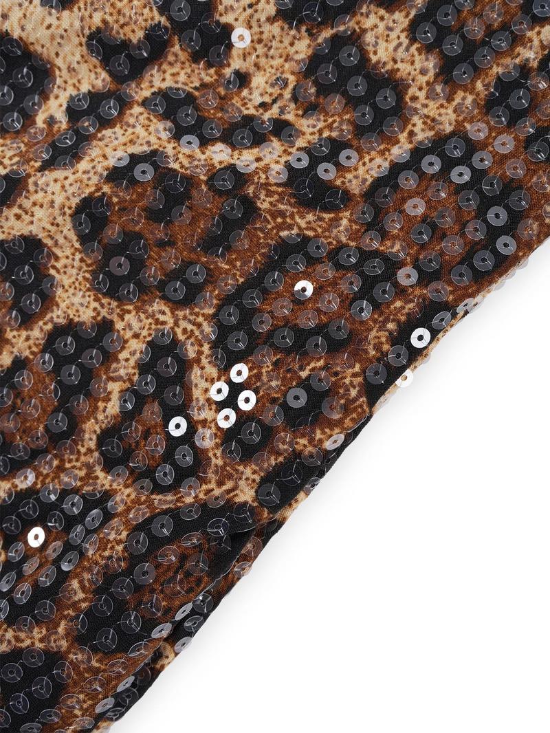 Sexy Leopard Print Sequin Halter Dress, Bodycon Short Skirt, Slim Fit, Perfect for Parties and Nightouts, Women's Fashion