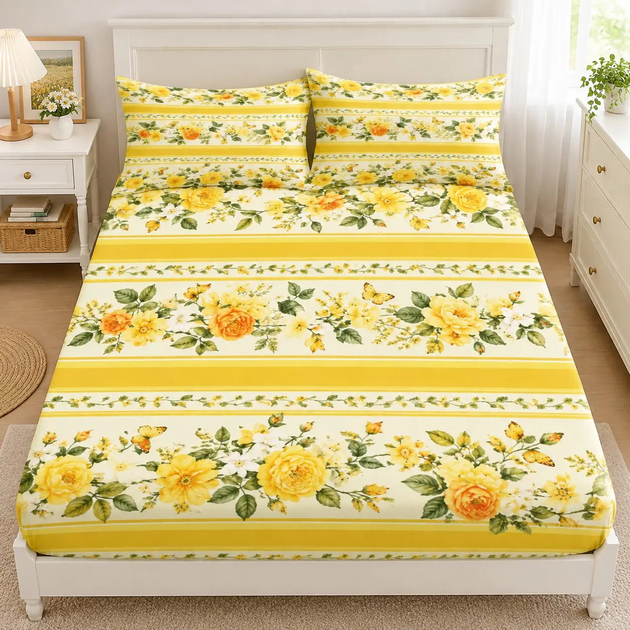 Bright Striped Floral Bed Sheet Set, Vintage Rose & Butterfly Print Polyester, Includes Mattress Cover and Pillowcases, Bedroom Decor