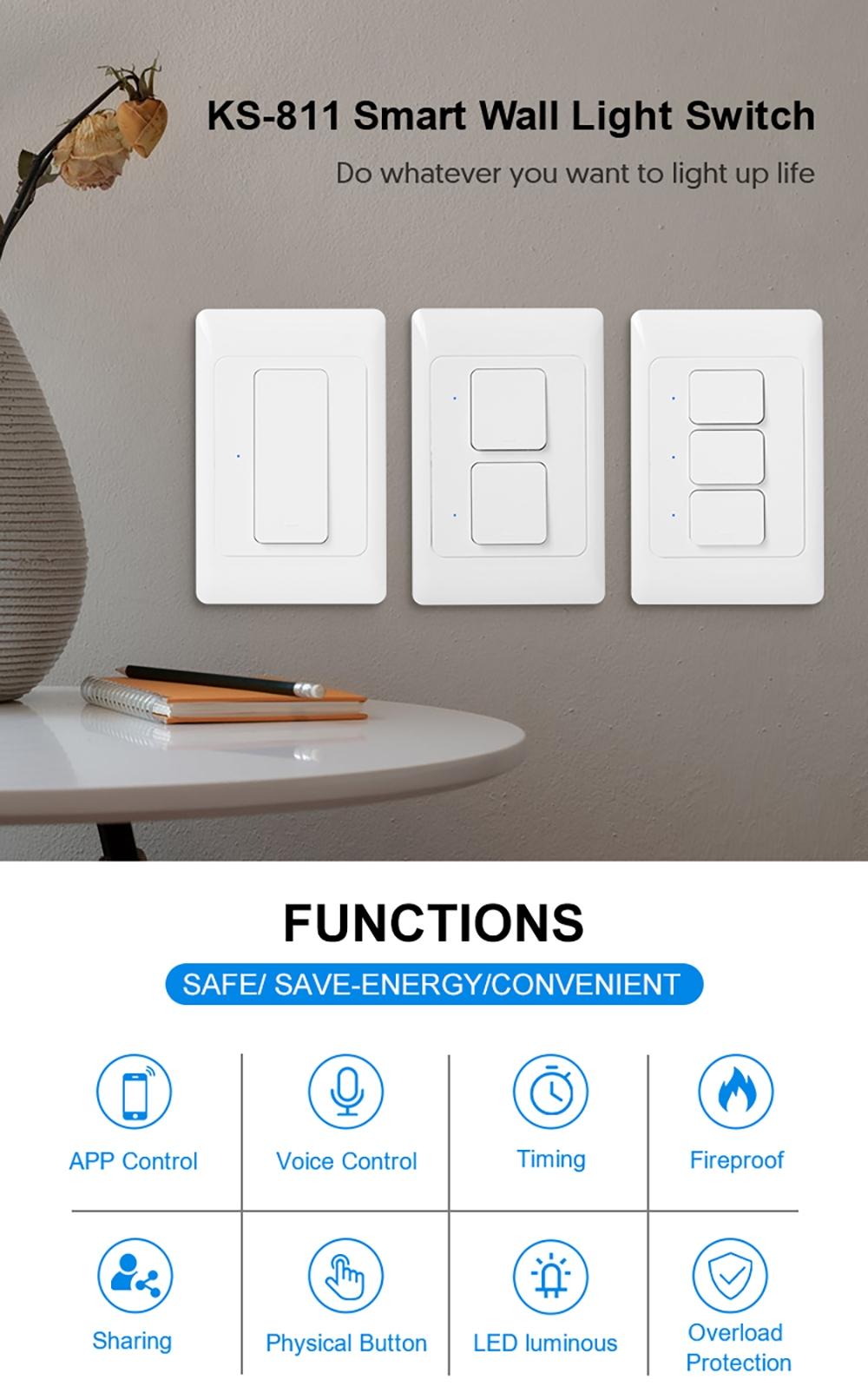 Smart Light Switch WiFi Zigbee, No Neutral Wire, Panel Mount, Push Button, 1/2/3 Gang, Ac100v-250v, Smart Voice Control Compatible with Alexa&Google Home
