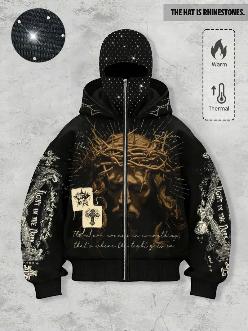 【Black Friday】Unisex Loose Rhinestone-Embellished Zipper Hoodie, Eye Print Warm Fleece-Lined Hooded Sweatshirt, Autumn and Winter Wear, Hip-Hop Street Style Graphic Top for Nightclubs and Music Festivals
