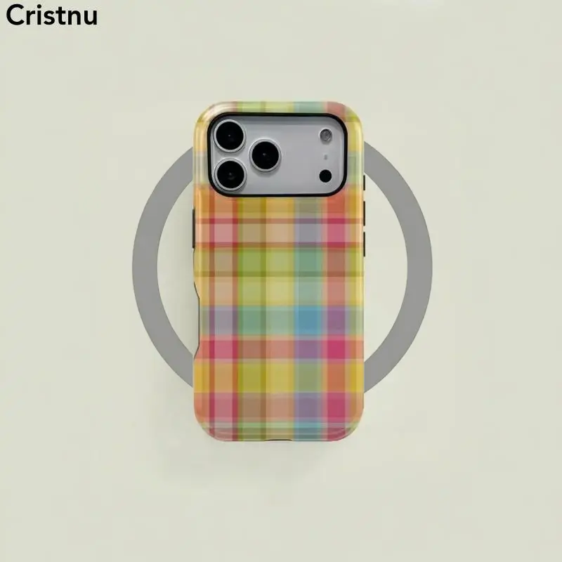 Colorful Plaid Pattern Retro Square Phone Case, Candy Color Print, Durable Two-In-One Protection, Fits iPhone 17-12 Pro, for Samsung S25 Ultra Case Series Compatible with iPhone 17 ProMax Case