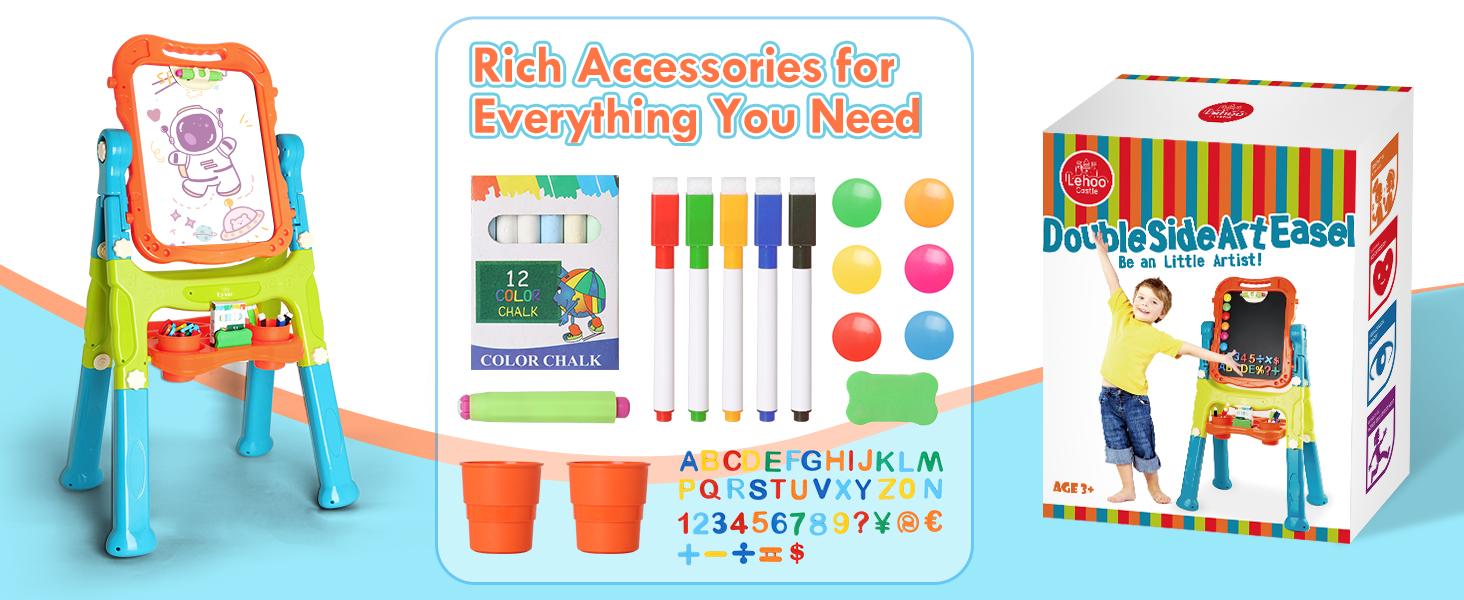 Lehoo Castle Easel for Kids, 4 in 1 Double Sided Kids Art Easel with Magnetic White Board & Chalk Board, Adjustable Standing Easel with Drawing & Writing Accessories - Gift for Boys and Girls