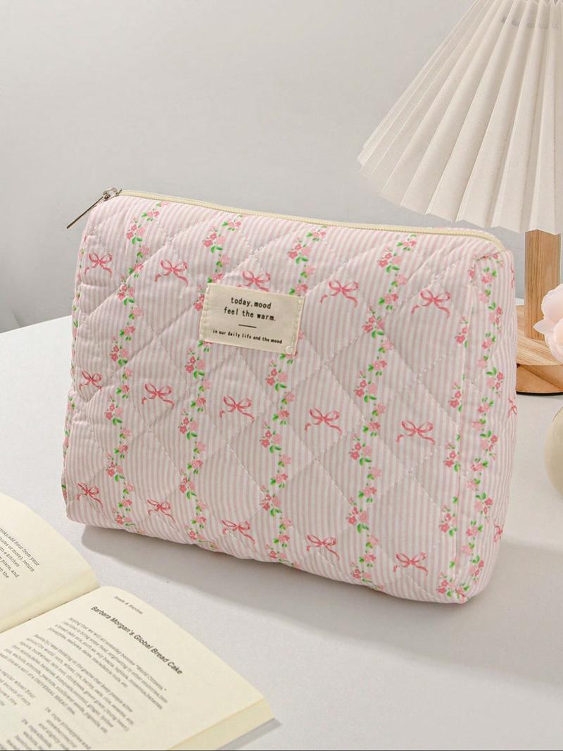 Striped & Floral Pattern Quilted Makeup Bag Set, 1 Set/ Large Capacity Portable Makeup Bag, Travel Essential Makeup Bag, Daily Makeup Bag, Makeup Storage Bag, Travel Cosmetic Bags