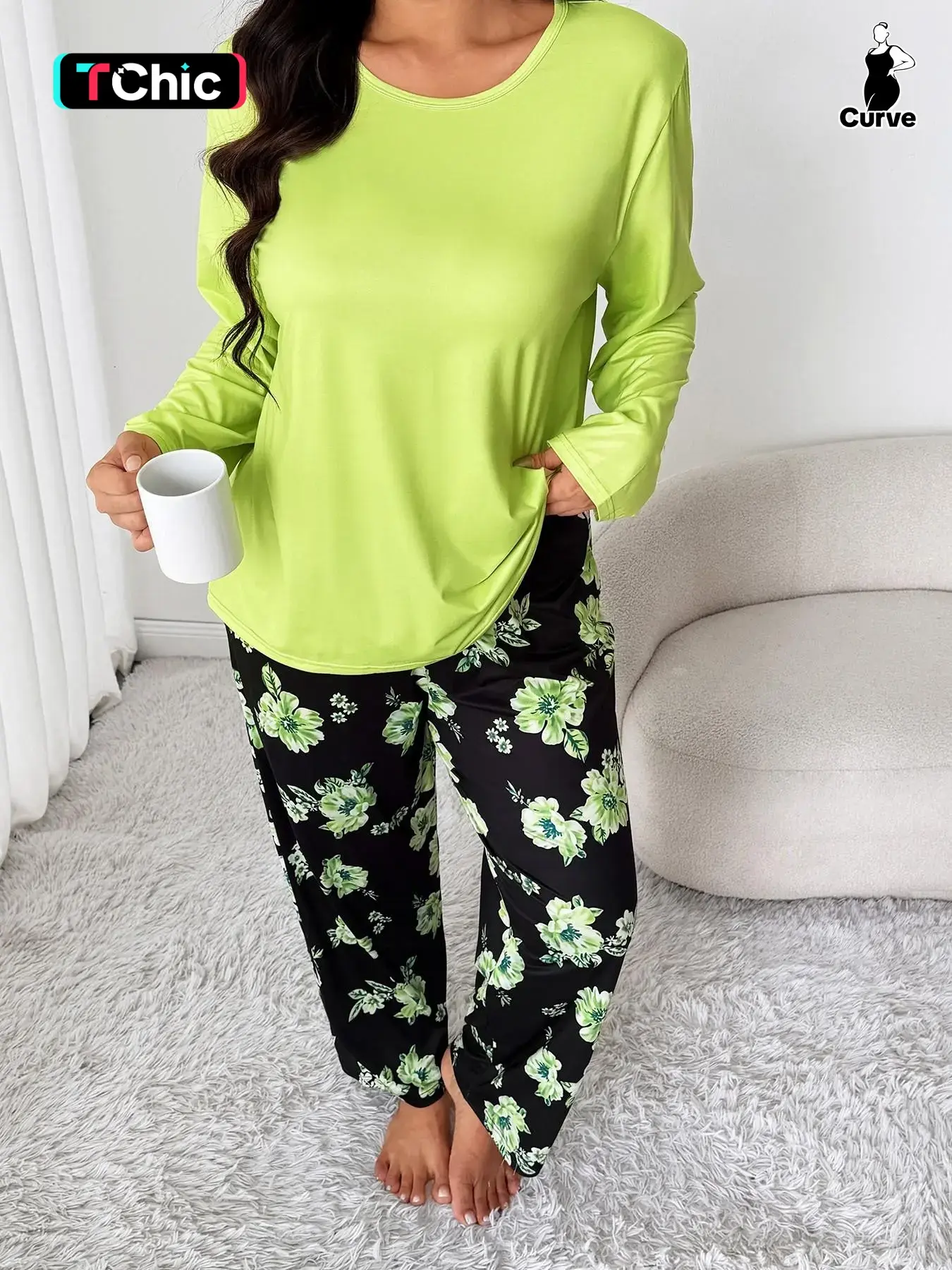 Plus Size Women's Two-Piece Set, Bright Long Sleeve Top with Floral Pants, Casual Home Wear, Loungewear, Fall & Winter Pajama Set