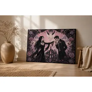 Gothic Romantic Couple Wall Art, Dark Floral Fantasy Canvas Poster, Vintage Castle Love Scene Print, Purple Black Bedroom Living Room Decor, Unframed Canvas Poster or Framed Canvas Wrap