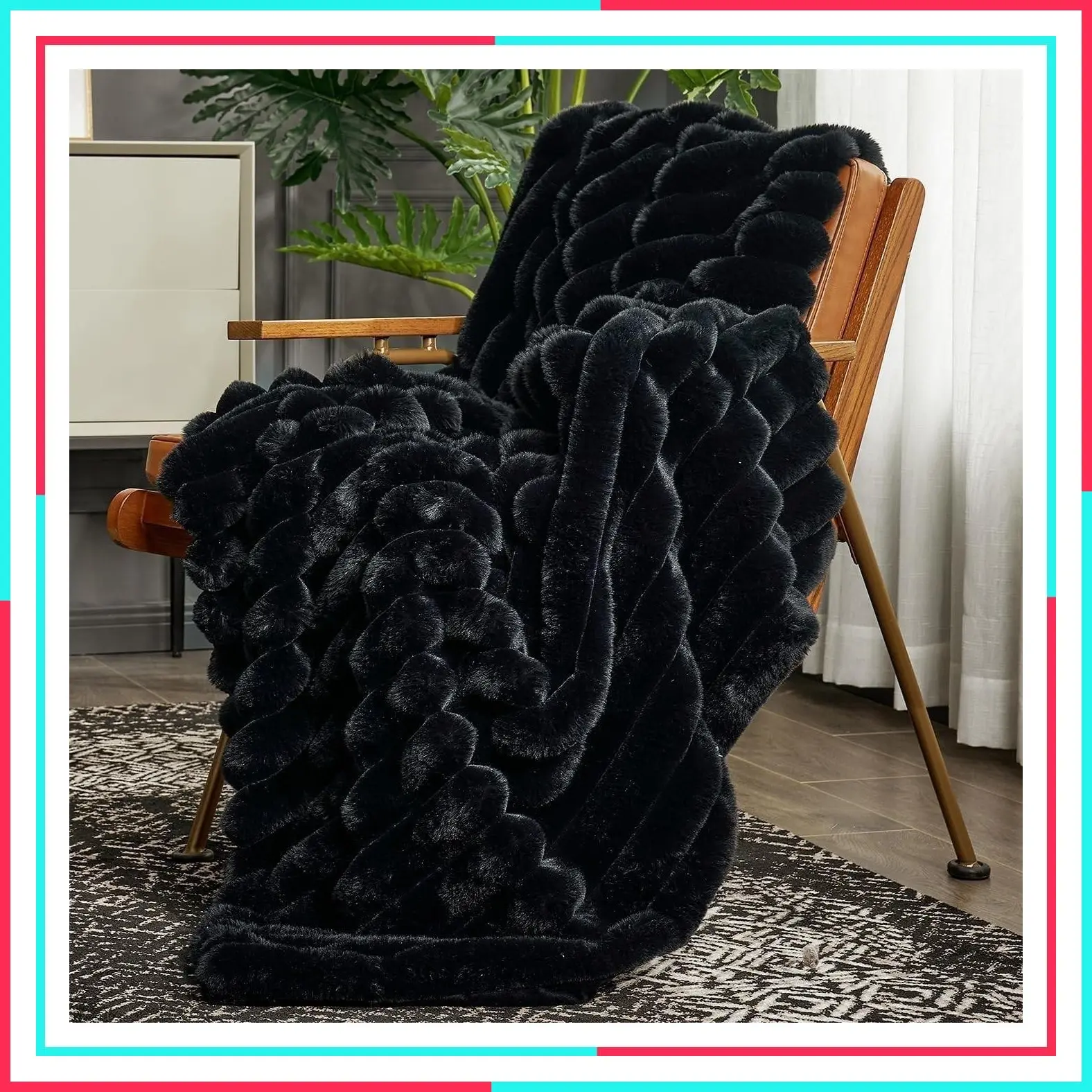 Luxurious Faux Fur Throw Blanket, Warm Plush Striped for Couch Sofa Bedroom Living Room, 50 x 60 Inches, Black