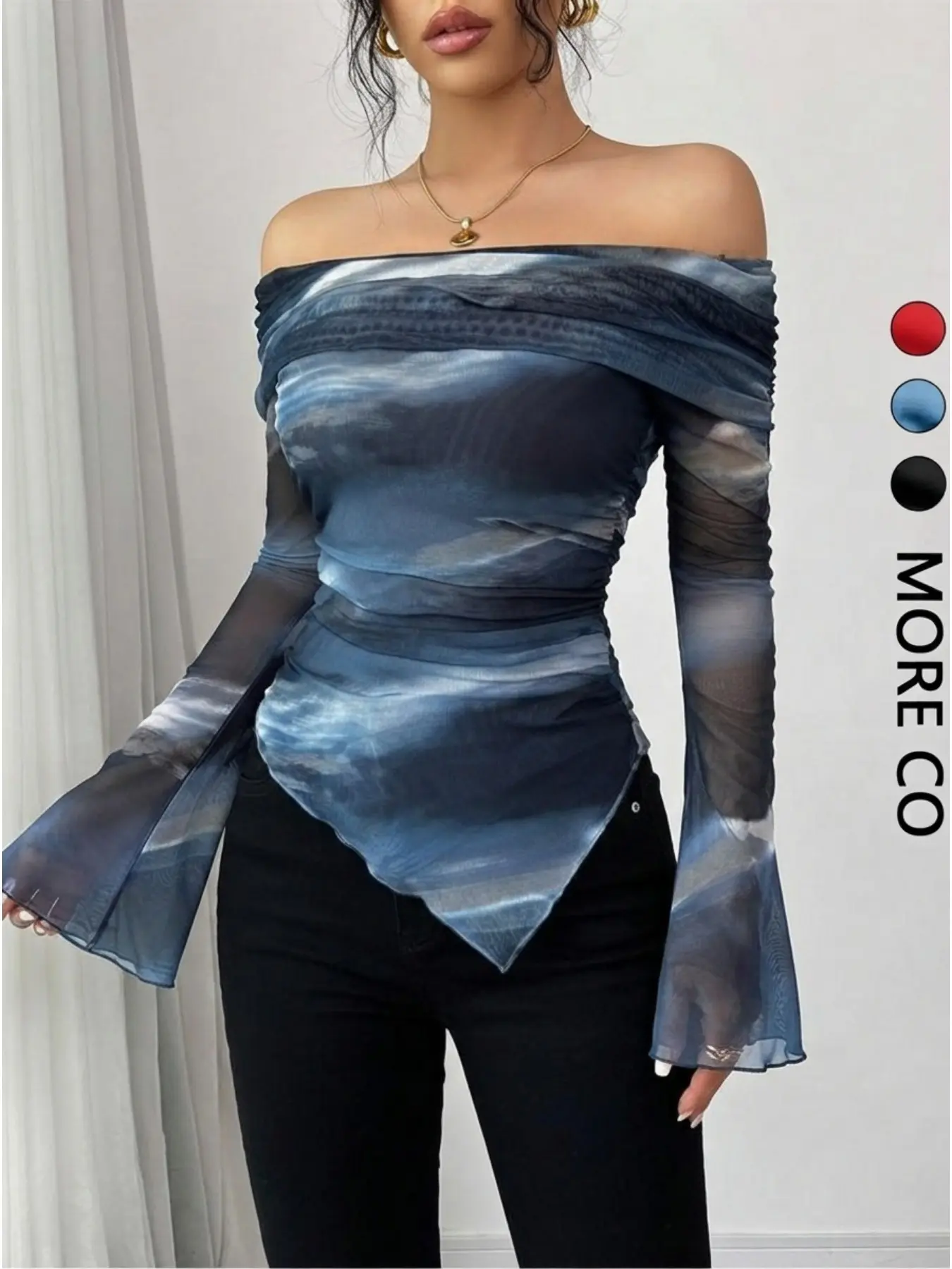 Women's Off-Shoulder Long Sleeve Simple Basic Asymmetrical T-Shirt, Casual Daily Wear Printed Top, Fashionable Plain Surface Strapless Upper