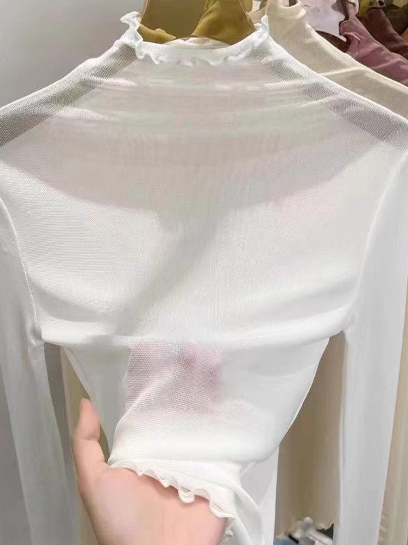 Women's Solid Color Transparent Sheer Basic Short Sleeve T-Shirt, Elegant Long Sleeve High Neck Top, Perfect for Club Parties and Dates, Blouse, Womenswear