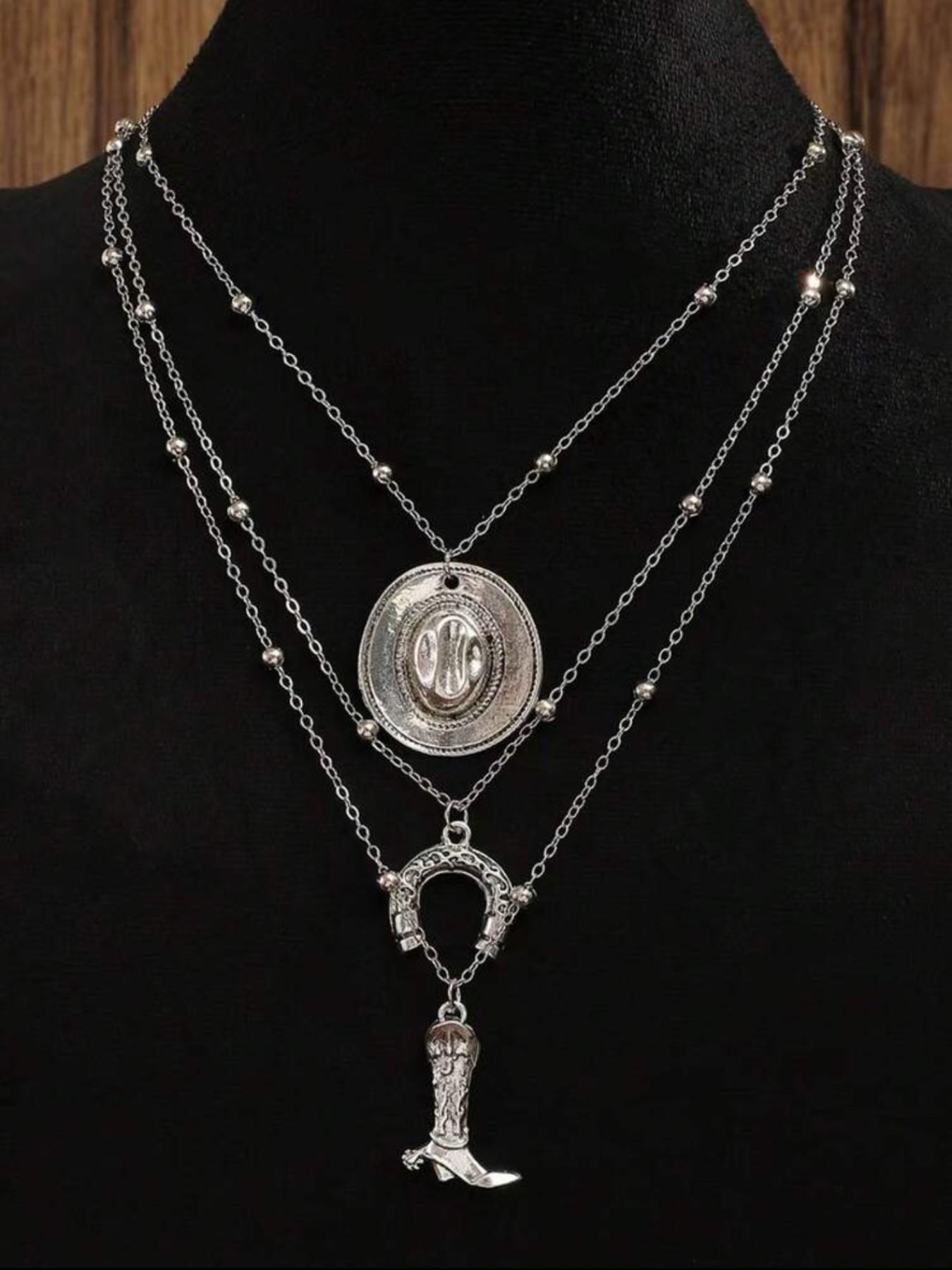 3-Layer Retro Alloy Western Cowboy Necklace Set, Stylish Layered Design, Perfect for Western, Durable Alloy Material