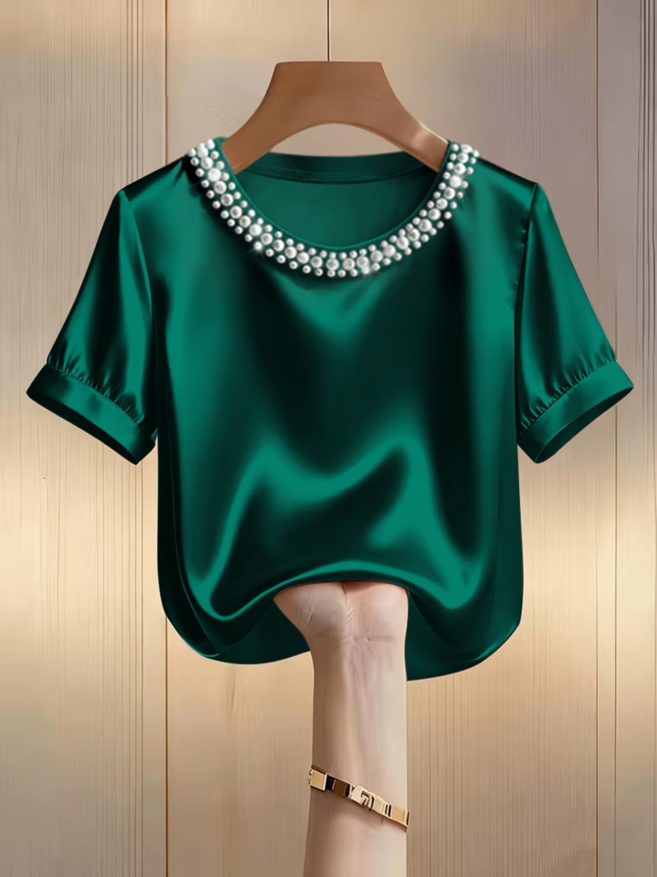 Women's Fashion Pearl Round Neck Solid Color Short Sleeve Fitted T-Shirt Top, Casual Summer Wear, Stylish Ladies' Clothing