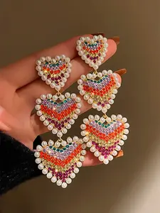 Women's Rainbow Color Rhinestone Heart Faux Pearl Earrings, Casual Copper Jewelry for Weddings Parties Evenings, All Season Wear