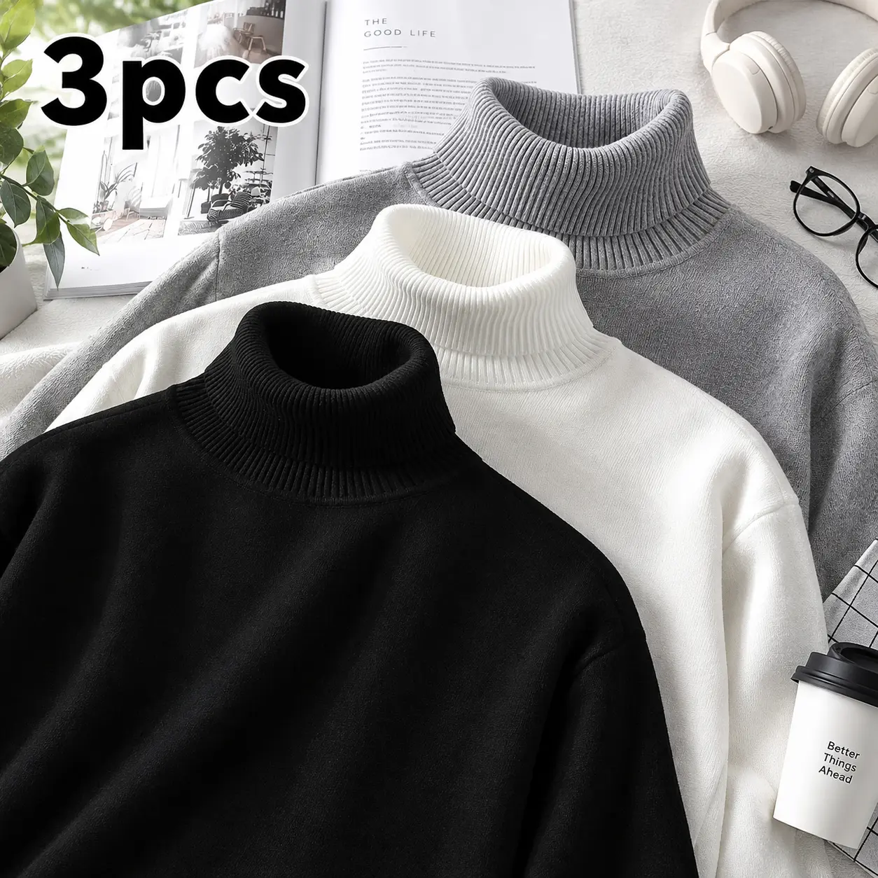 3Pcs Men's Casual Comfortable Thermal Lined Turtleneck Sweaters, Slim Fit, Suitable For Indoor And Outdoor Activities, Can Be Gifted To Couples, 100% Polyester, Multiple Colors Available