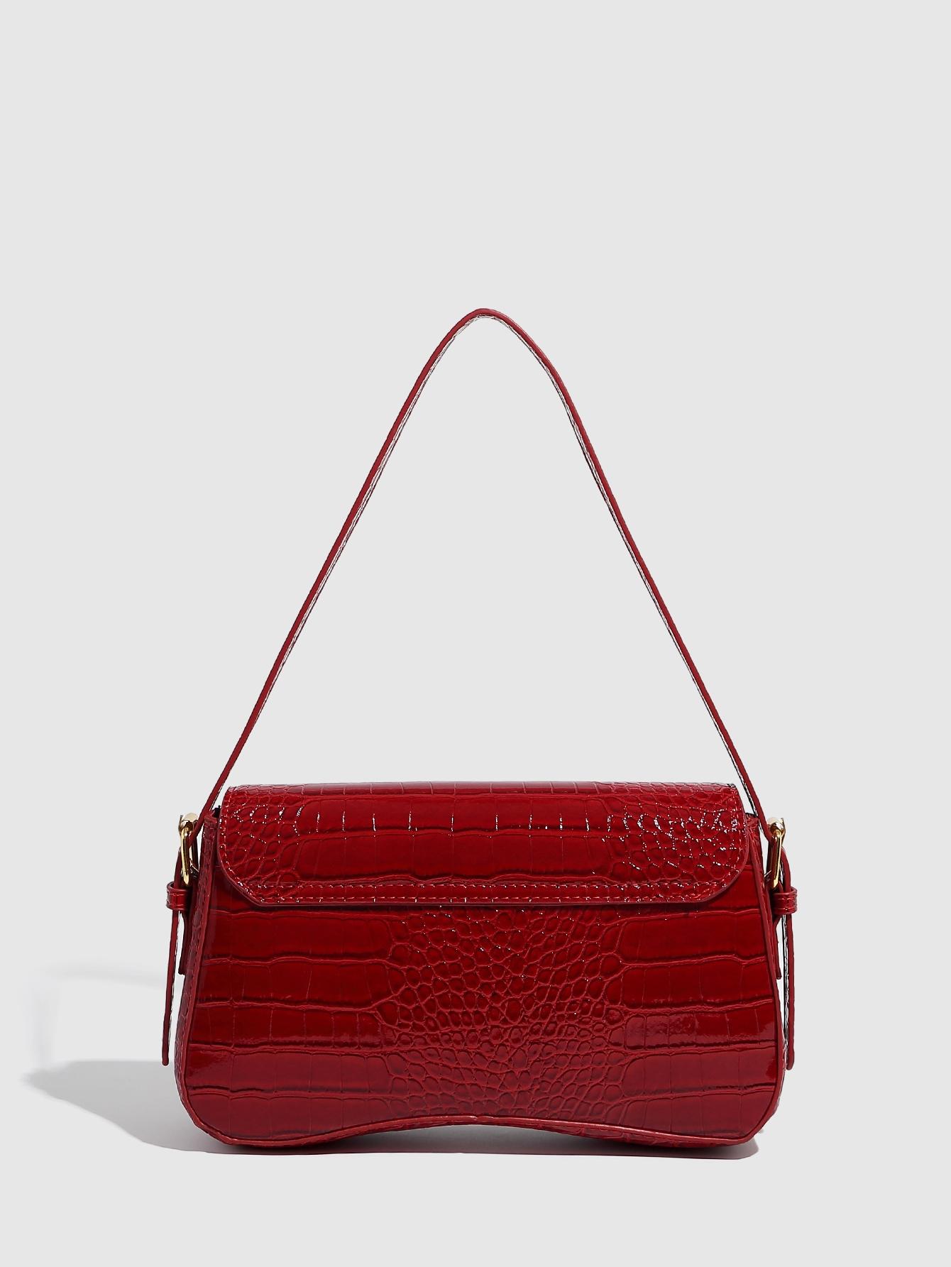 Women's Vintage Minimalist Wine Red Square Bag, Classic Crocodile-Pattern PU Leather Flap Shoulder Bag, Versatile for Commuting and Parties