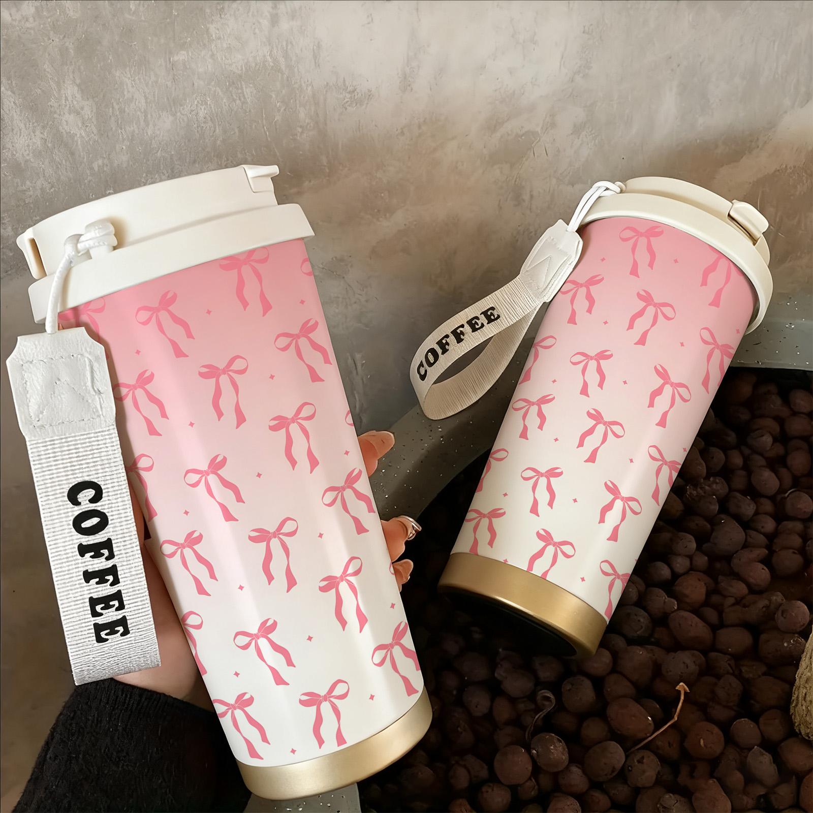 1 Pc insulated mug pink bow ribbon vacuum cup, Vacuum insulated flask, double wall stainless steel leak-proof travel coffee tumbler, tumbler for hot cold drinks, keeps warm 12 h/cold 24 h, 18oz pink thermal mug for women, holiday gift
