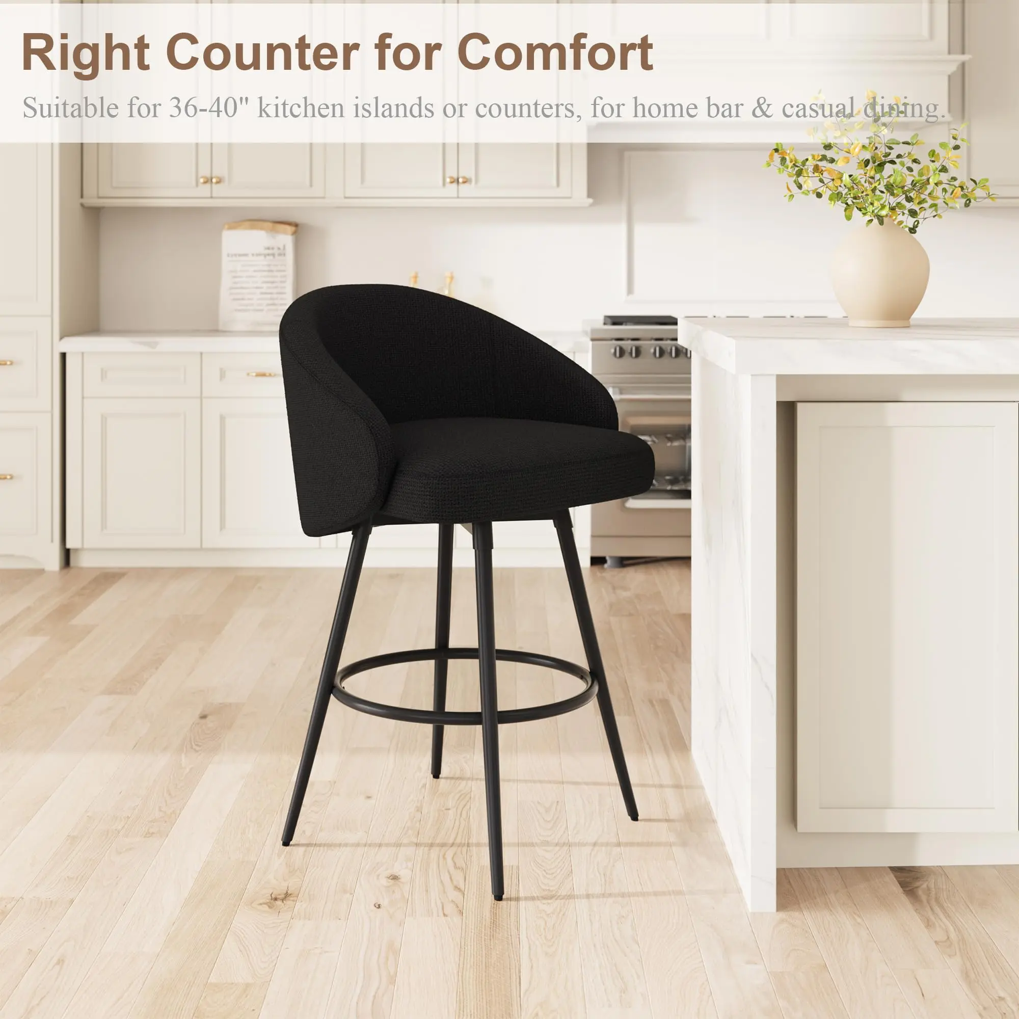 1PC Modern Swivel Bar Stool with Leaf-Shaped Back, Linen Upholstered Counter Height Chair with Wood Legs,Kitchen Island Stool for Dining Room & Home Bar