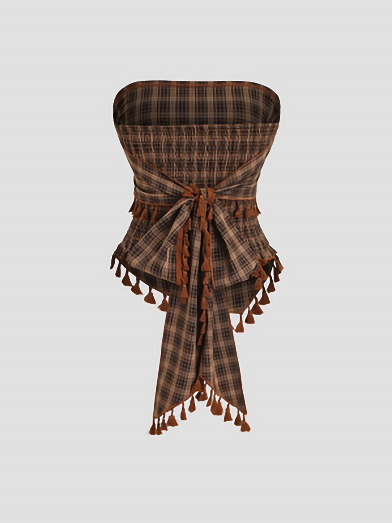 Women's French Vintage Plaid Fringe Trim Bow Design Short Tube Top, Bow Decor Cami, Perfect for Parties, Evening Events and Vacations, Elegant Style Top