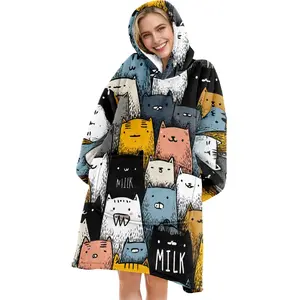 hoodie blanket，Wearable Blanket，Cute Cat Print Hooded Blanket, Wearable Plush Throw, Soft Warm Flannel, Sofa Cover, Home Leisure, Air Conditioning, Camping Travel Gift，Christmas Gift,Valentine's Day gift