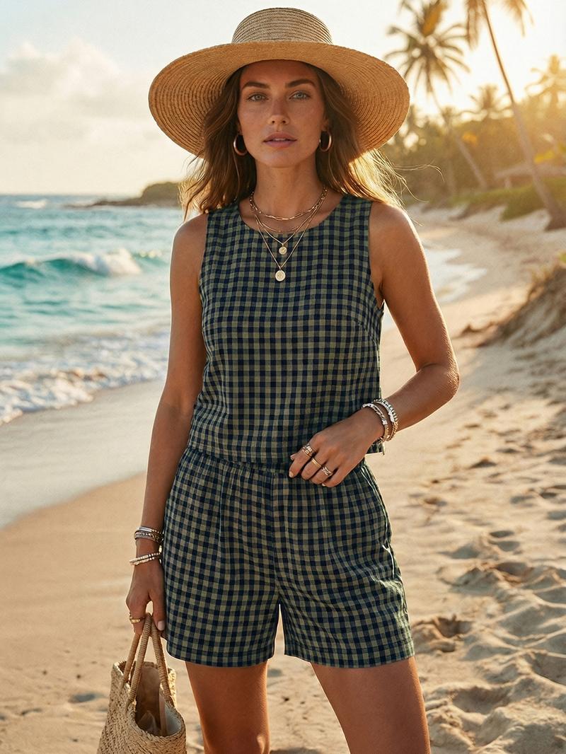 Women's Summer Plaid Crop Top Set, Elastic Waist Pocket Shorts, Casual Loose Fit Beach Vacation, Comfortable Daily Wear