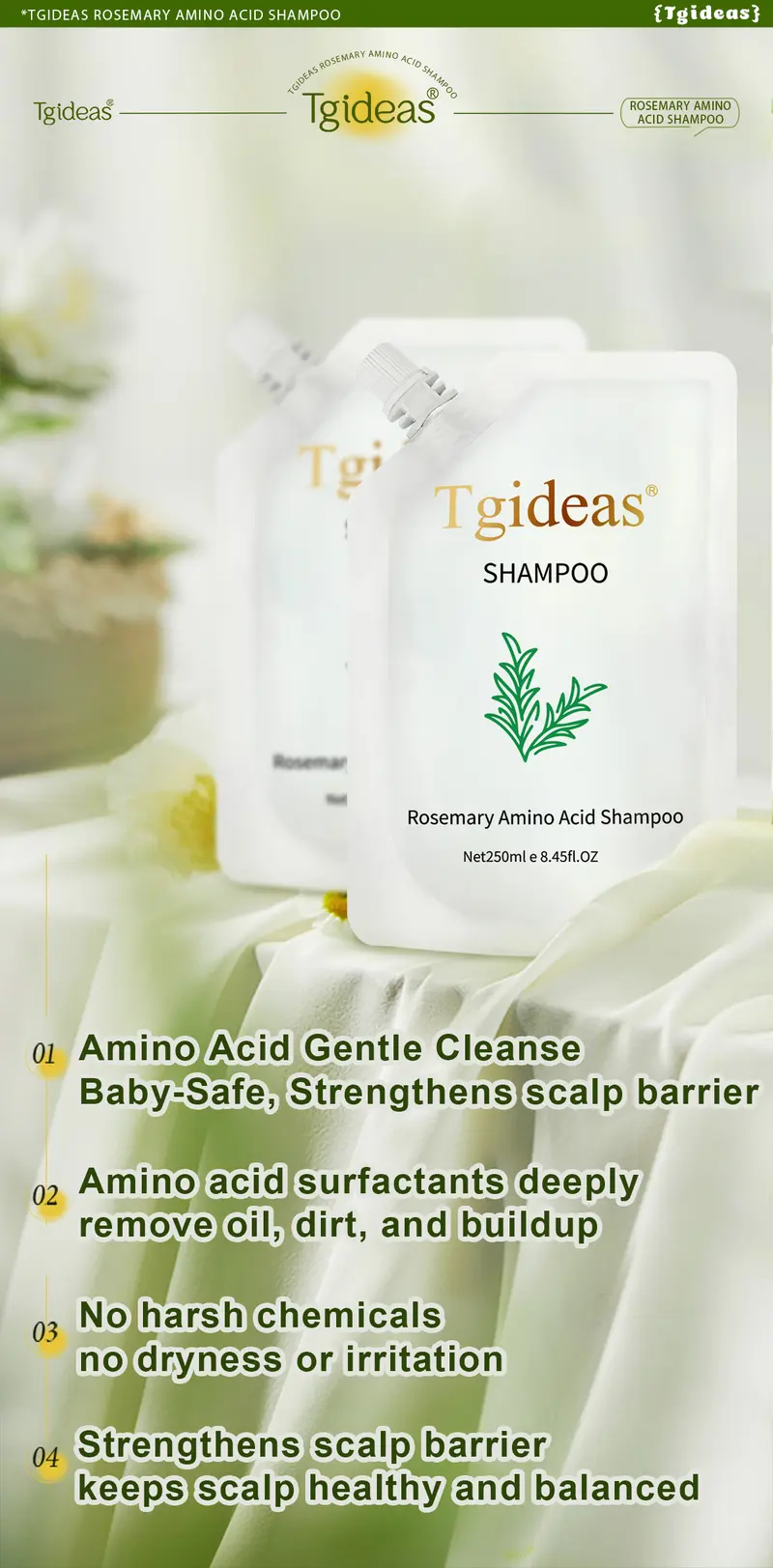 Product Introduction of 【 Buy 1-Get 1 Free!】Tgideas Anti-Hair Fall Hair Loss Treatment Shampoo Oil Control Anti Dandruff Haircare Rosemary Zinc PCA Help Hair Growth Amino Acid Hydrolyzed Protein Repair Reduce Hair Loss Scalp Cleanser Conditioner 250ML Gentle Smoother 16