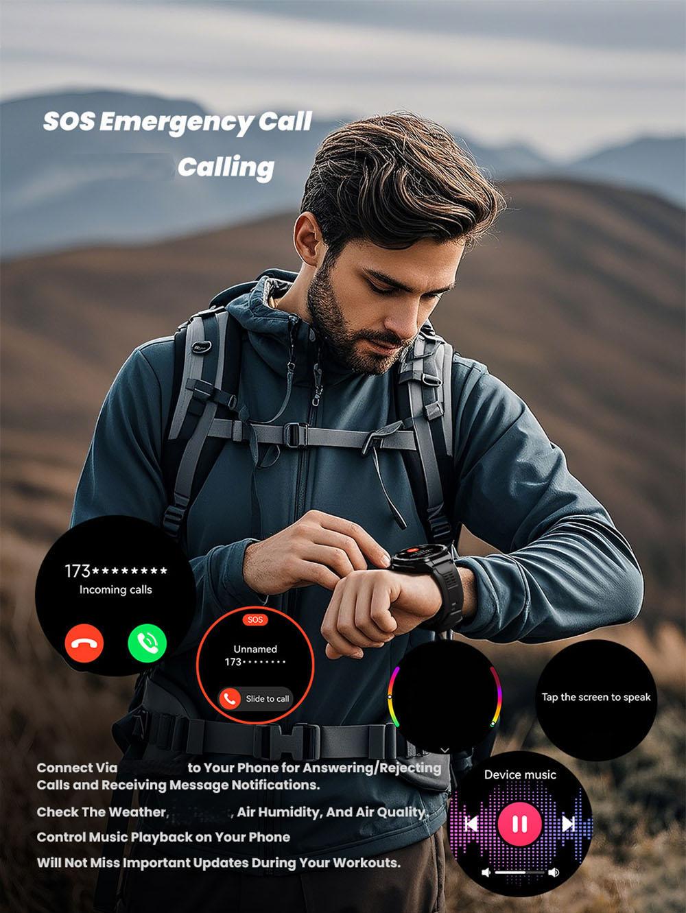 Outdoor sports 100+ sports mode, 1.43-inch full touch screen, 480mAh large-capacity battery, GPS tracking, wireless call, air pressure compass, voice assistant, message notification, compatible with IOS and Android, outdoor sports smartwatch