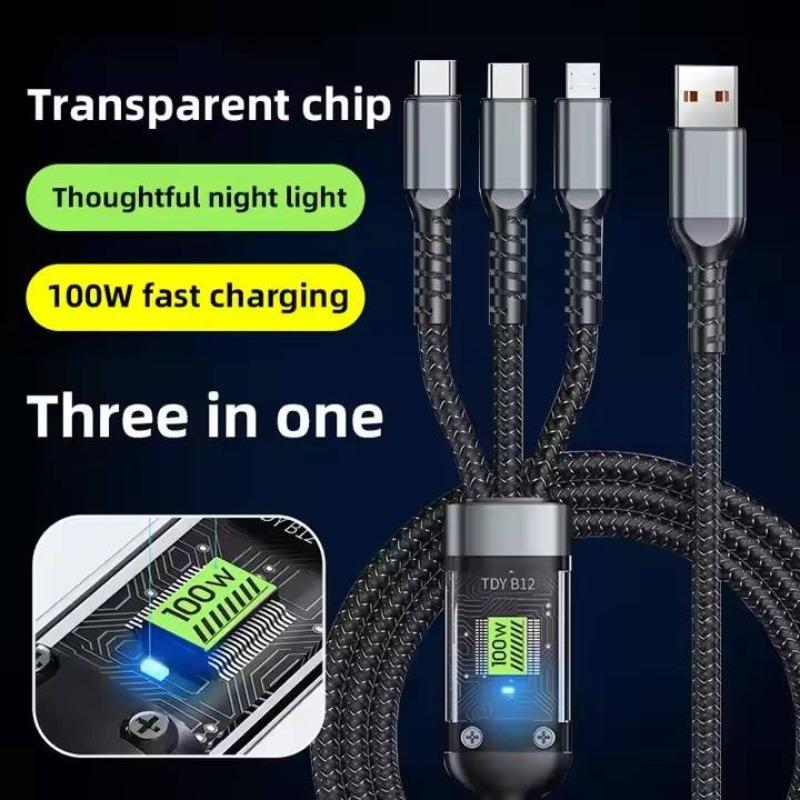 3-in-1 100W Phone Charging Cable, USB to Type-C Fast Charger Cable, Mobile Phone Charger Cable for iPhone 15 14 Samsung Xiaomi Huawei