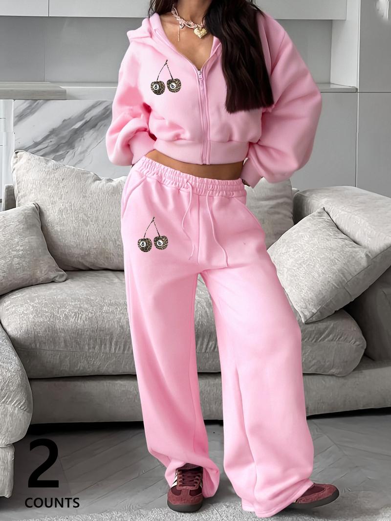 Women's Pink Autumn and Winter Short Sweatshirt and Loose Straight Pants Set, Casual and Fashionable Hooded Long-sleeved Sweatshirt and Sweatpants, Suitable for Daily Outdoor Wear, Comfortable Daily Wear