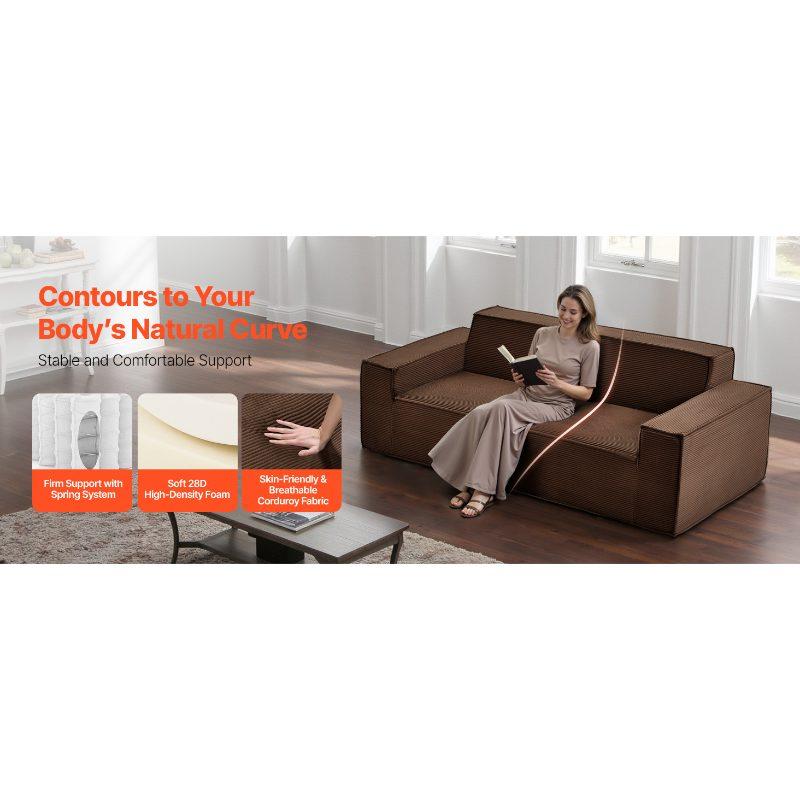 VEVOR 3-Seater Sofa in a Box, 83-Inch No Assembly Corduroy Couch with Memory Foam, Deep Seats for Living Room, Apartment, or Office, Brown