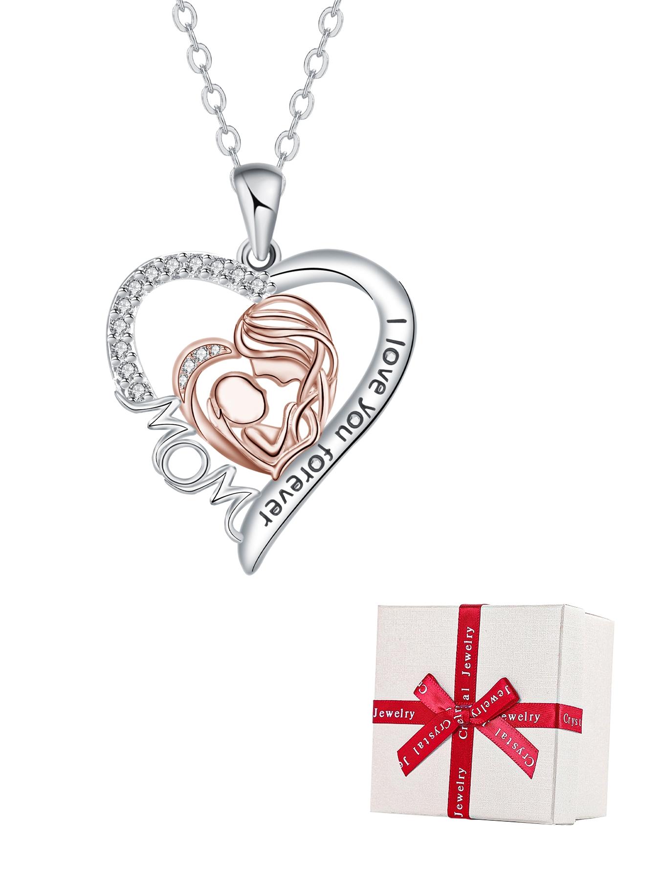 Mommy & Me Love Heart Necklace Set with Moss Bear Rose Jewelry Box, Elegant Copper Pendant Necklaces, Perfect Gift for Mother's Day Birthday Christmas