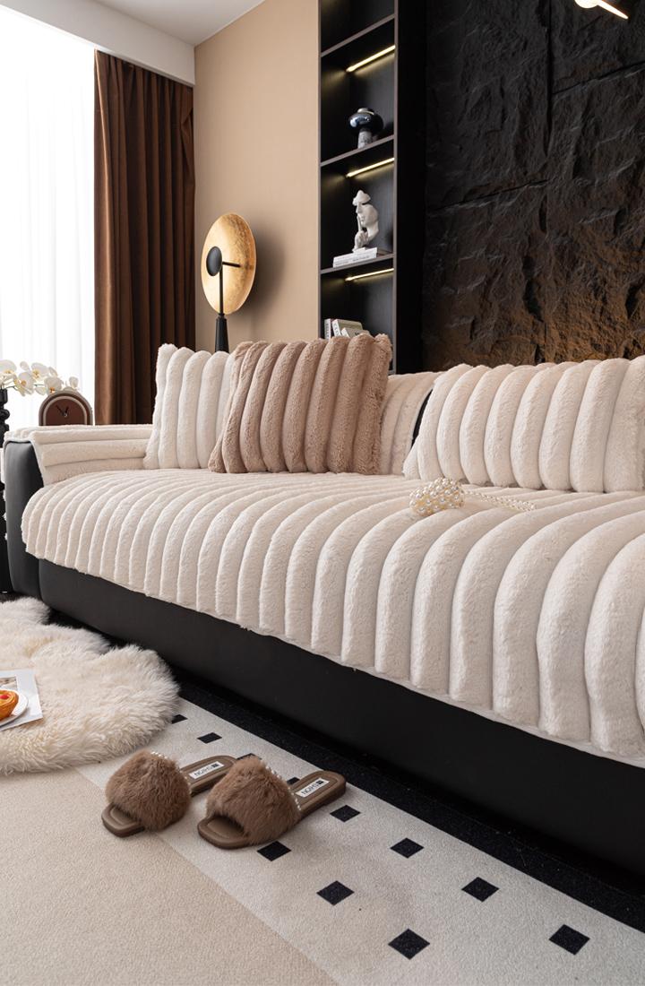 Plush Striped Sofa Cover, 1 Count Non-Slip All-Season Eco-Friendly Sofa Cushion Cover, Pet-Friendly Sofa Slipcover for Living Room and Bedroom Decor