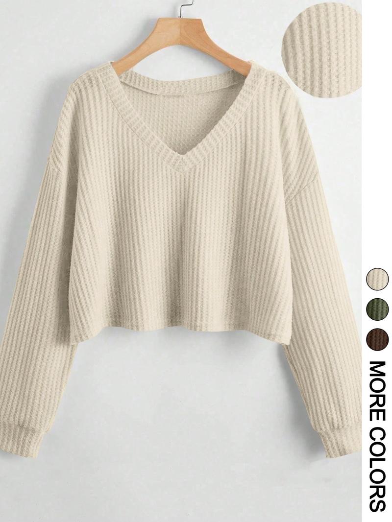 Women's Solid Color V Neck Drop Shoulder Long Sleeve Casual Loose Waffle Knit T-Shirt, Basic Spring & Fall Fashion, Comfortable Fit