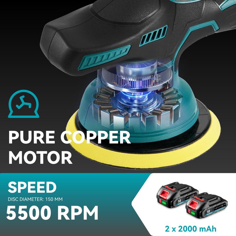 YOFIDRA 21V Cordless Car Polisher, 8-Speed Display Buffer Power Tool with 150mm Pad, 2.0Ah Battery, 5500RPM, for DIY Auto Detailing Black