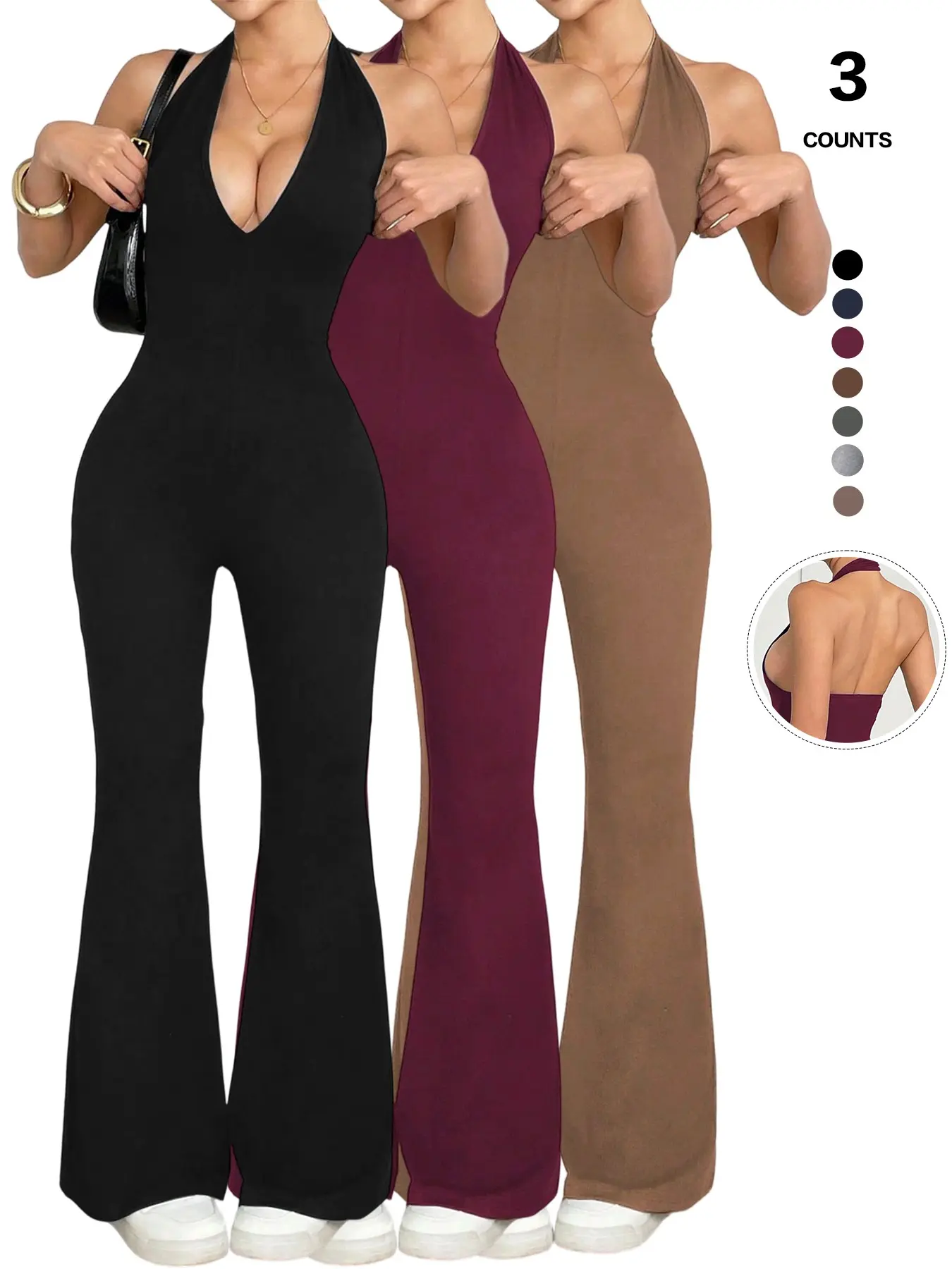 Fall Y2K 3 Pack Halter Deep V Backless Jumpsuit, Bodycon Design, Slim Waist, Breathable, Casual, Autumn Wardrobe Staple