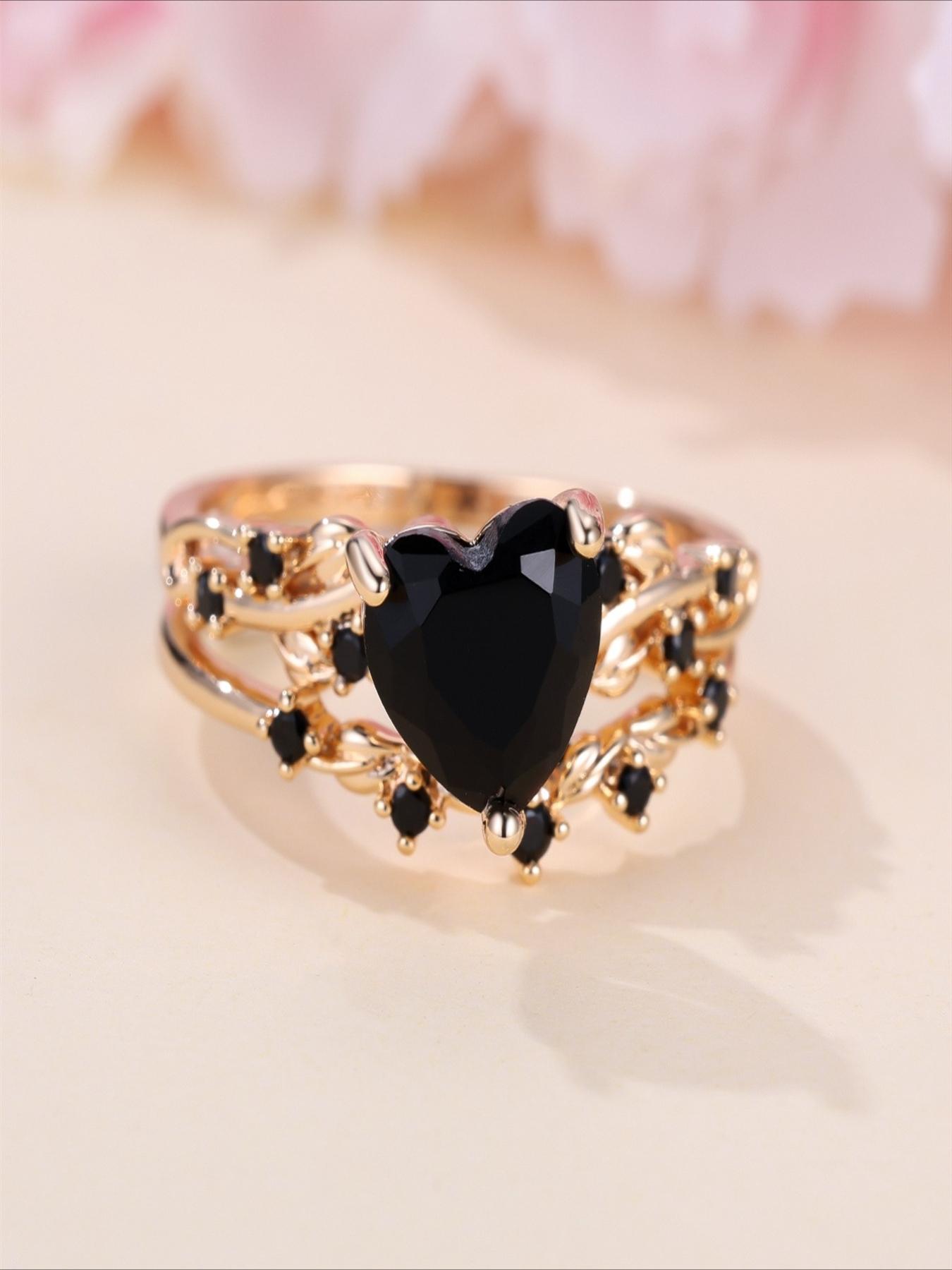 1 Set Heart-Shaped Black Zirconia Ring Set for Women - Wedding, Engagement, Party Wear, Sparkling and Gorgeous
